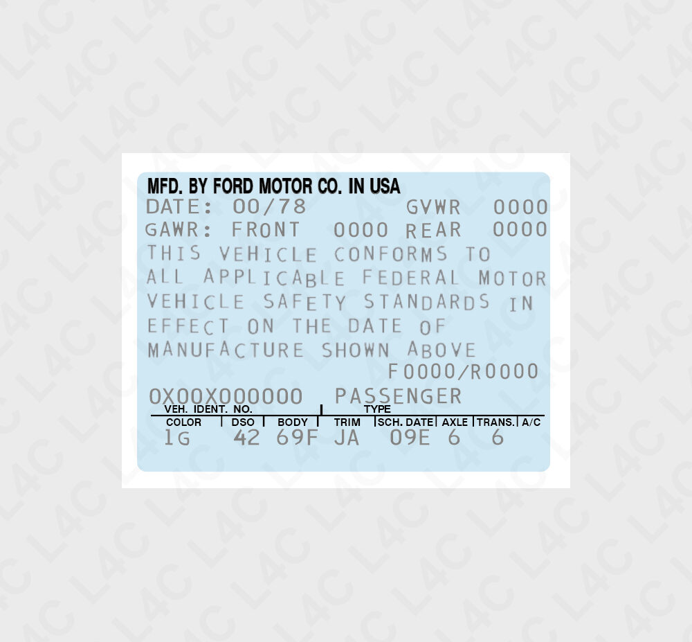 Custom Replica VIN Blue Sticker for Ford 1970- Replacement Labe