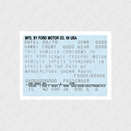 Custom Replica VIN Blue Sticker for Ford 1970- Replacement Labe