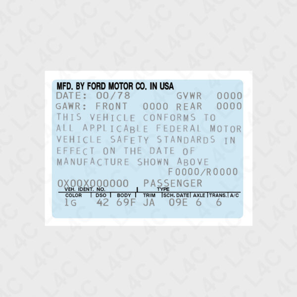 Custom Replica VIN Blue Sticker for Ford 1970- Replacement Labe