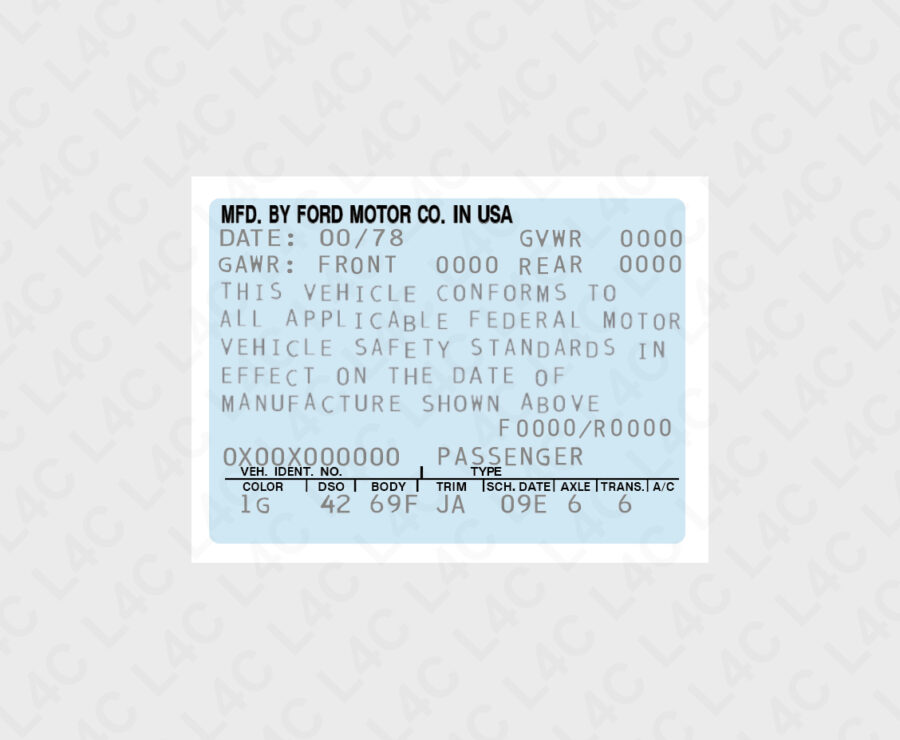 Custom Replica VIN Blue Sticker for Ford 1970- Replacement Labe
