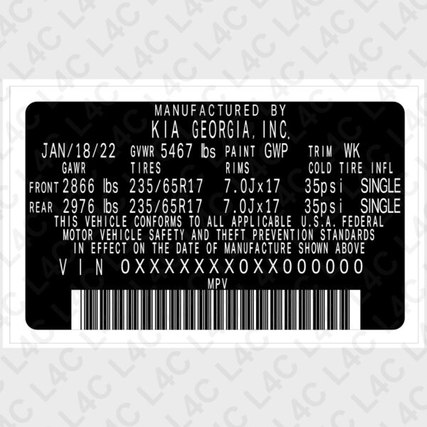 Custom VIN Sticker for KIA Replacement Replica Label