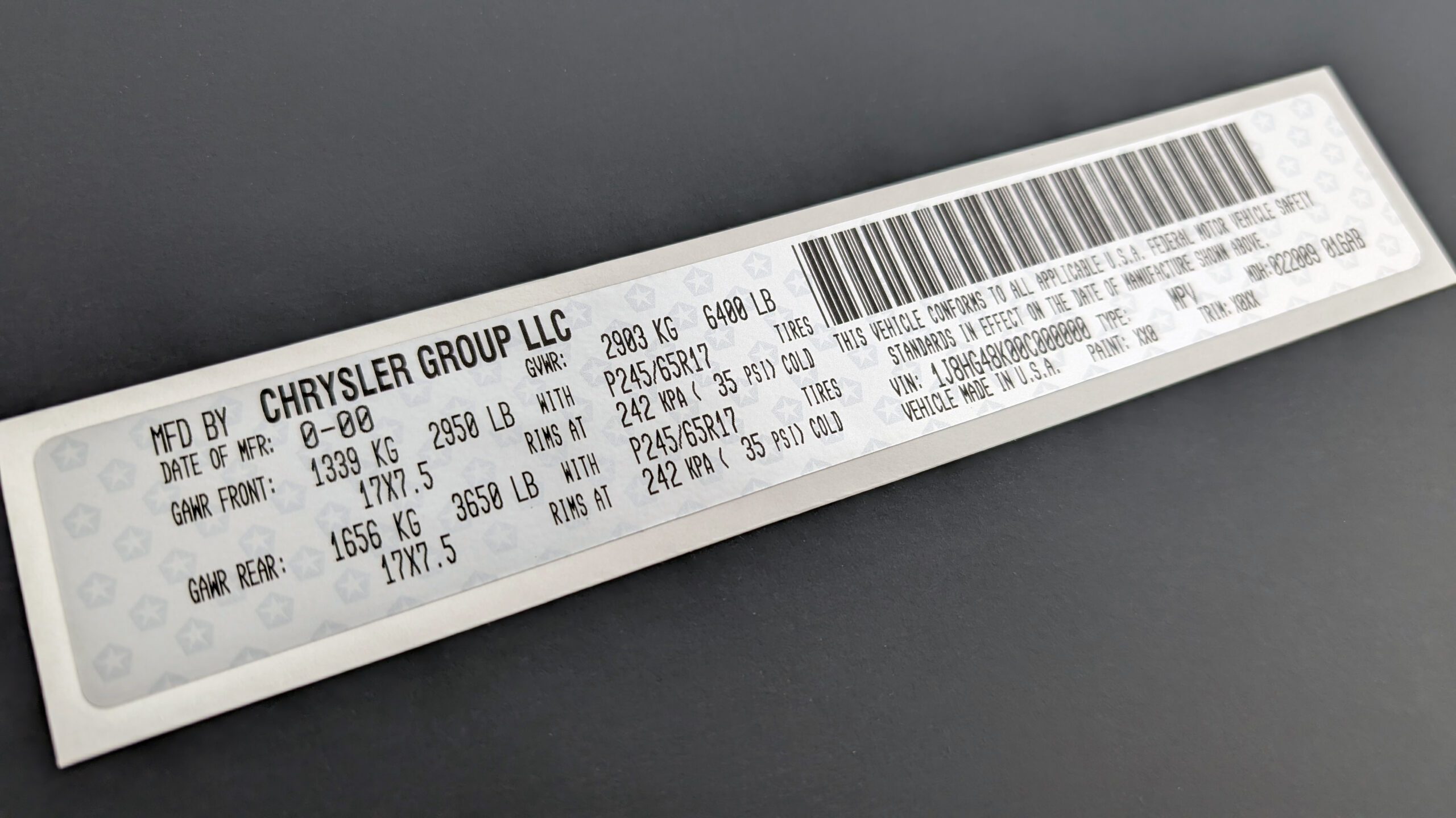 VIN Label Sticker for Chrysler Dodge Jeep