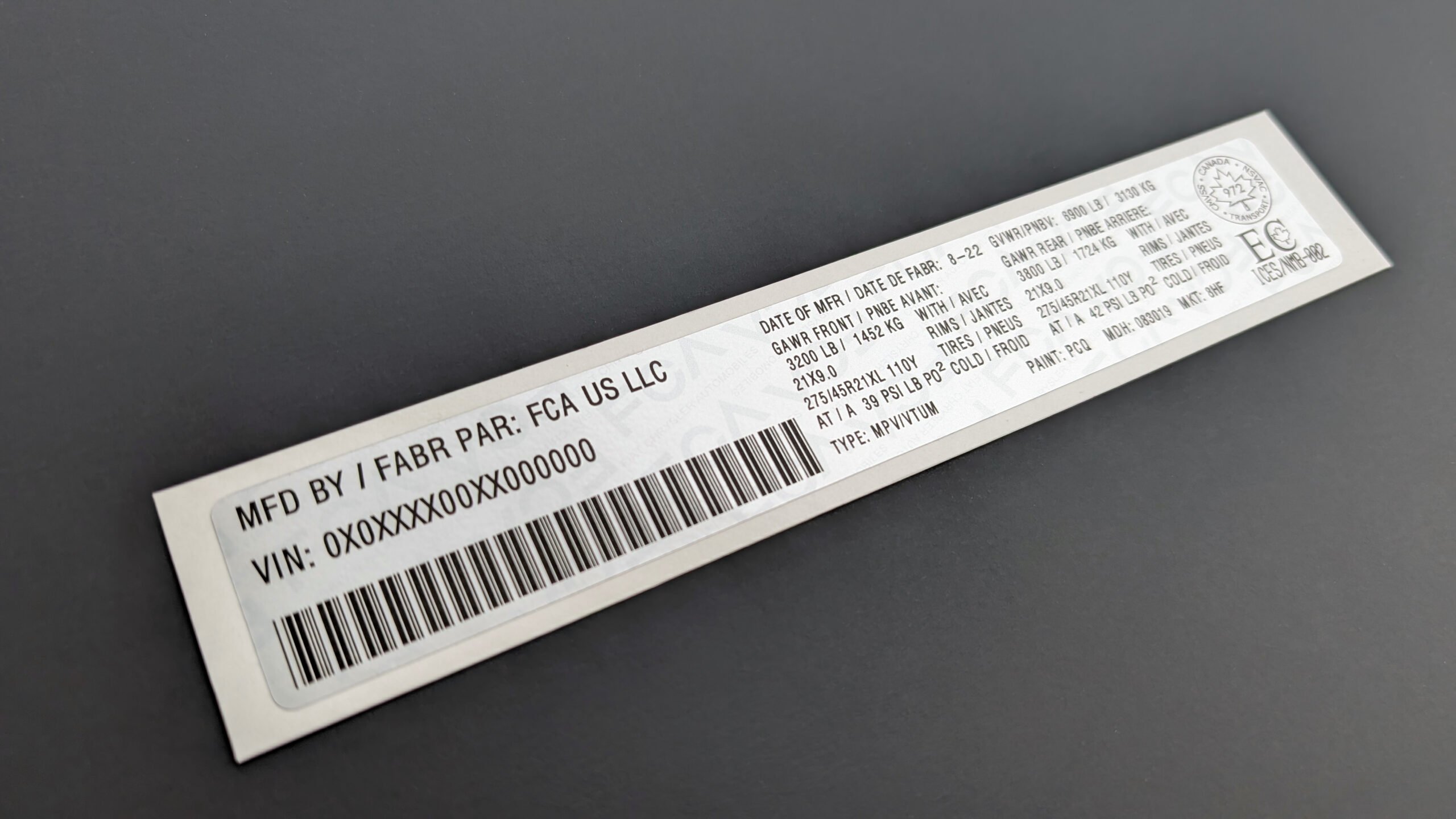 VIN Label Sticker for Chrysler Dodge Jeep