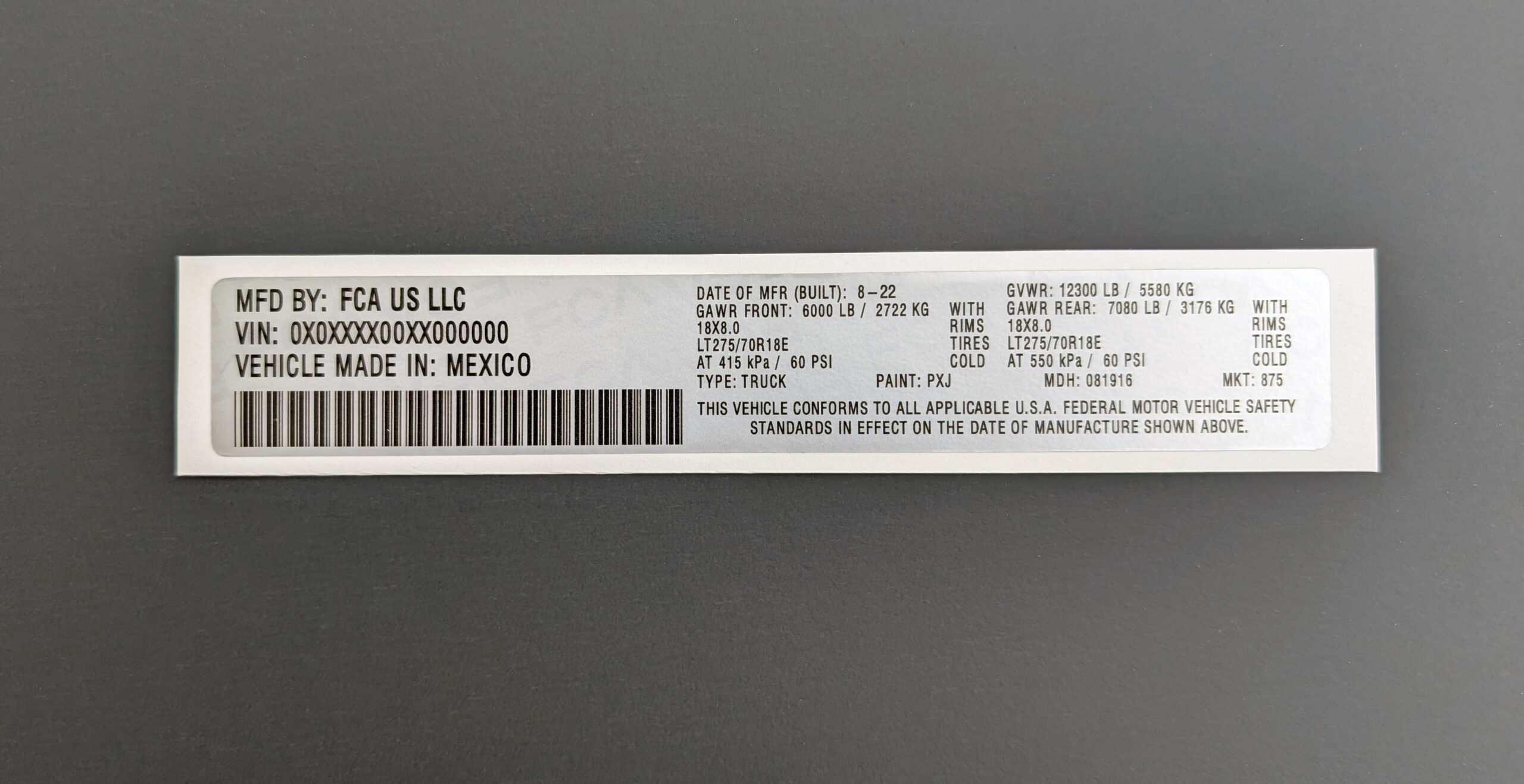 VIN Label Sticker for Chrysler Dodge Jeep