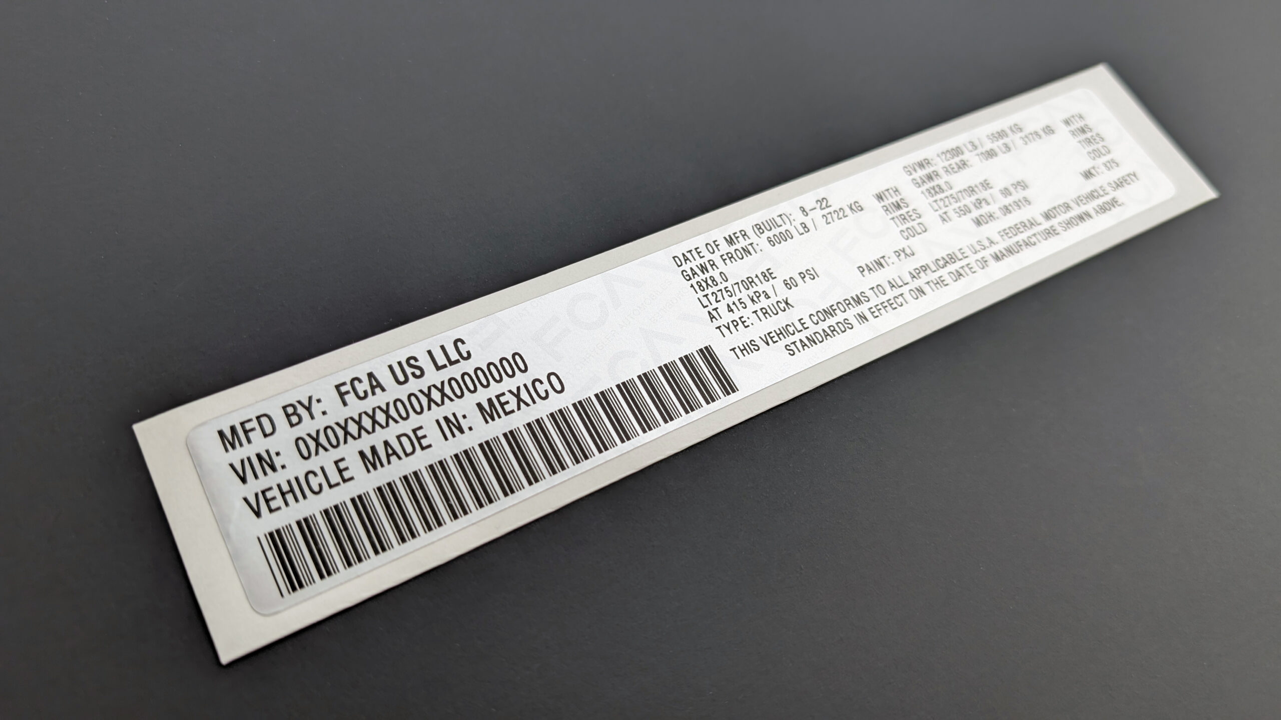 VIN Label Sticker for Chrysler Dodge Jeep