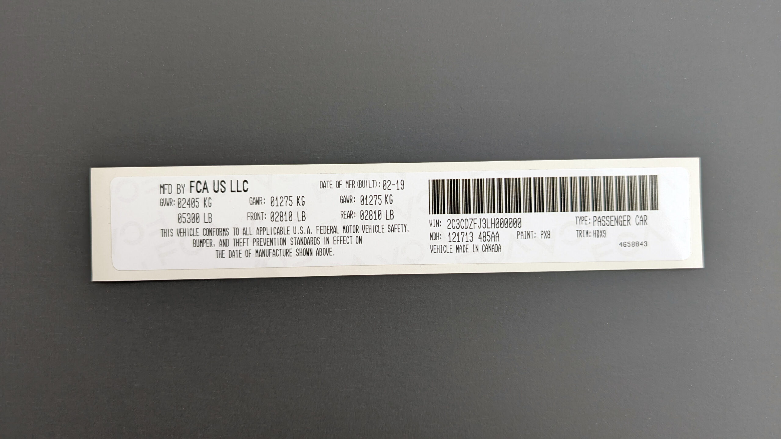 VIN Label Sticker for Chrysler Dodge Jeep