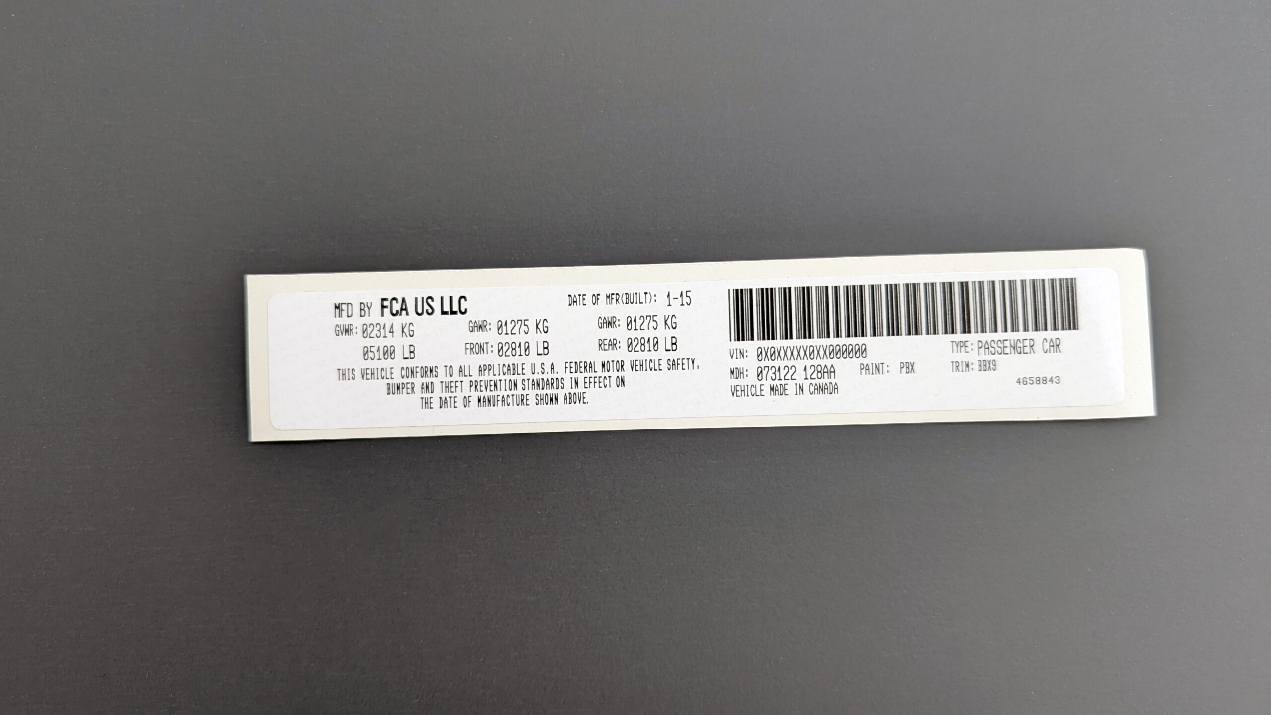 VIN Label Sticker for Chrysler Dodge Jeep