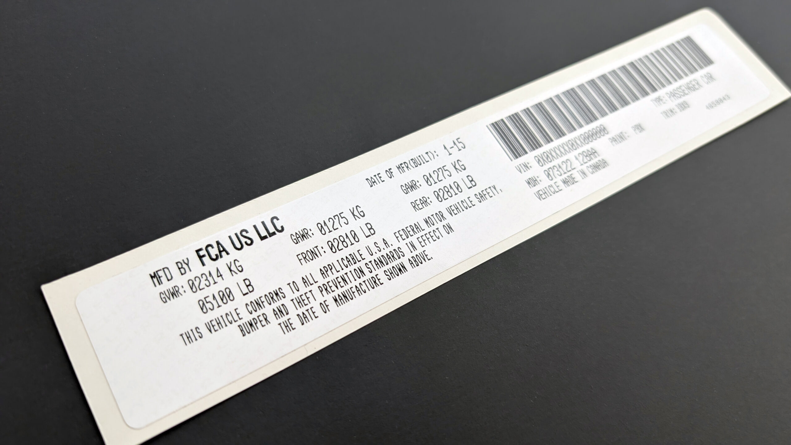 VIN Label Sticker for Chrysler Dodge Jeep