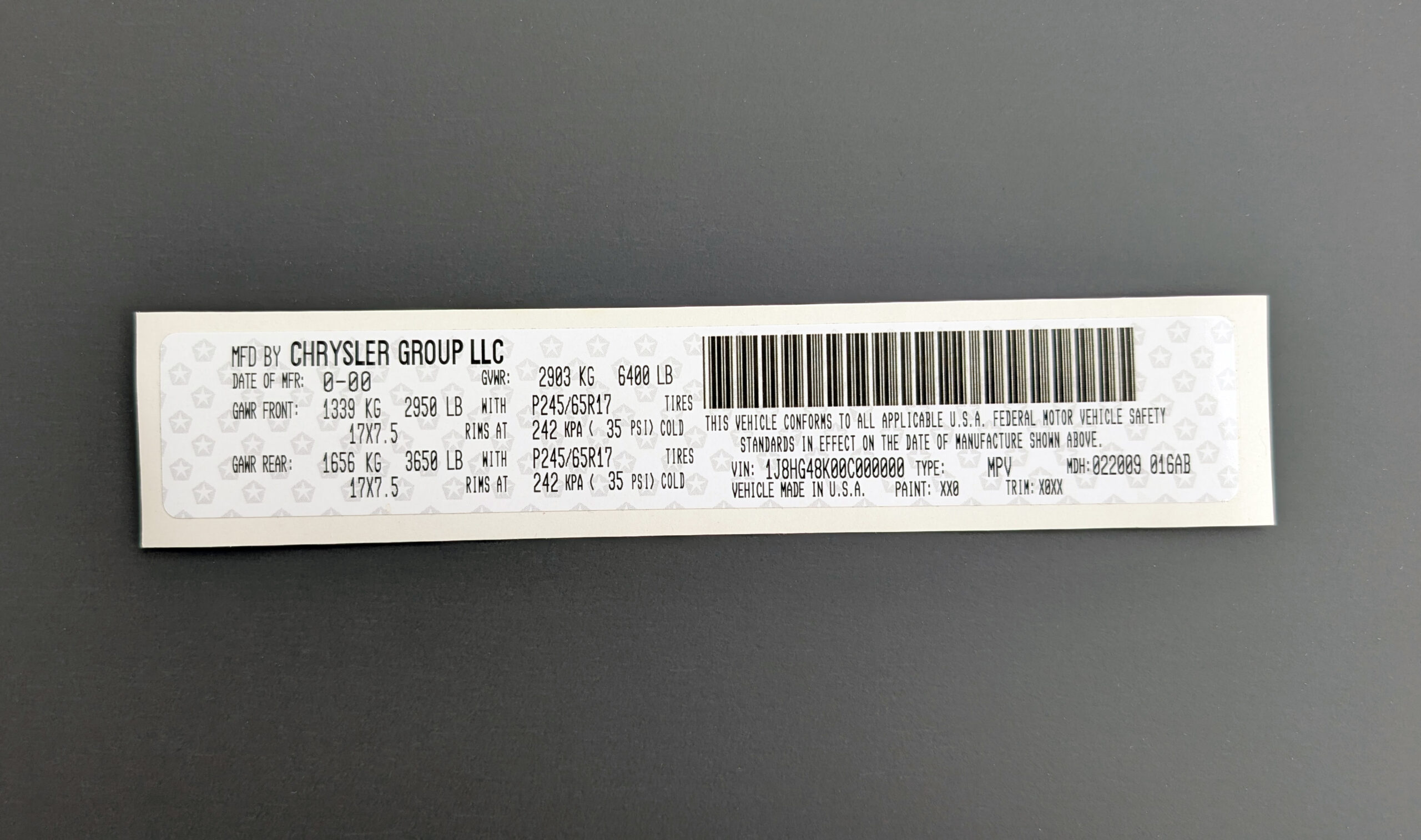 VIN Label Sticker for Chrysler Dodge Jeep