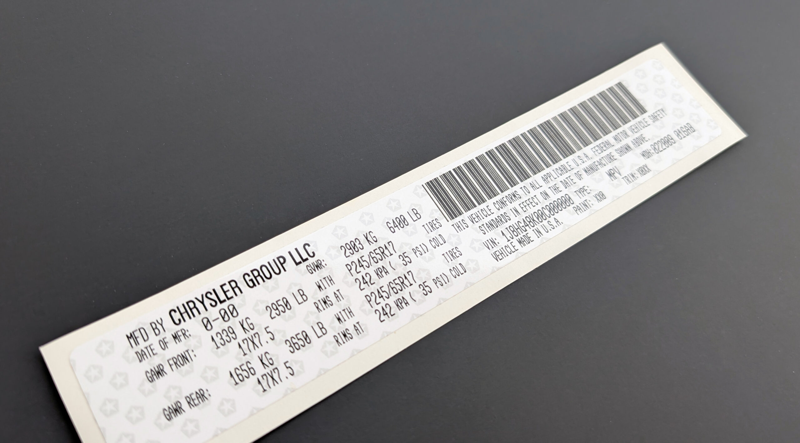 VIN Label Sticker for Chrysler Dodge Jeep