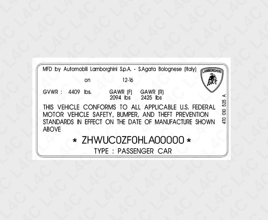Custom VIN Sticker for Lamborghini 4T0010525A Replacement Replica Label