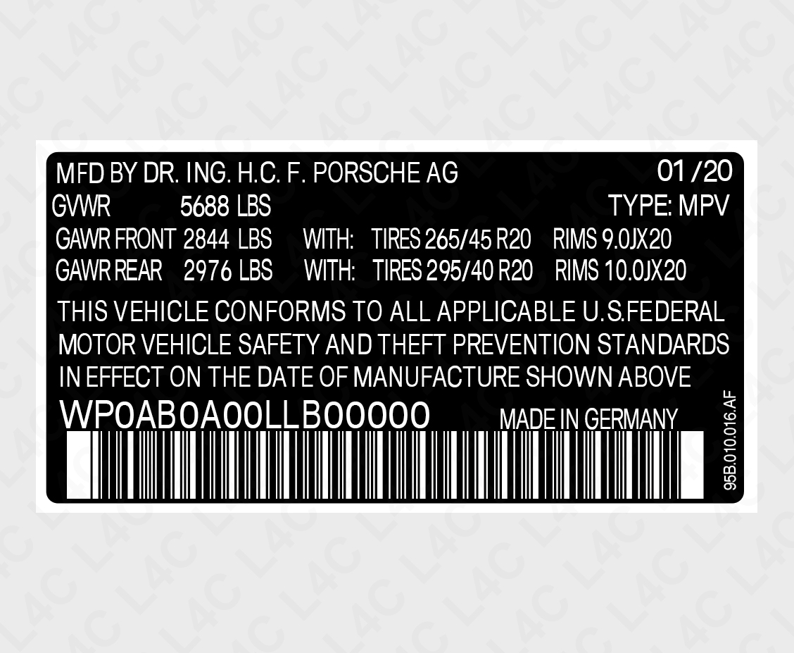 Custom VIN Sticker for Porsche 95B.010.016 Replacement Replica Label