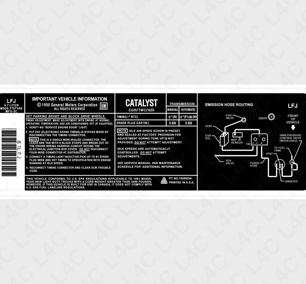 Custom Emission Sticker for GM Replacement Replica Label 10099256 1990 5.7 liter