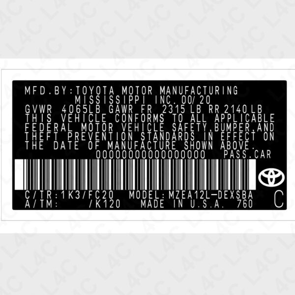 Custom VIN Sticker for TOYOTA Replacement Replica Label