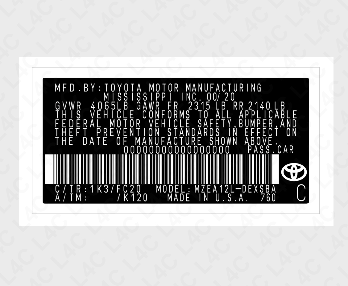 Custom VIN Sticker for TOYOTA Replacement Replica Label