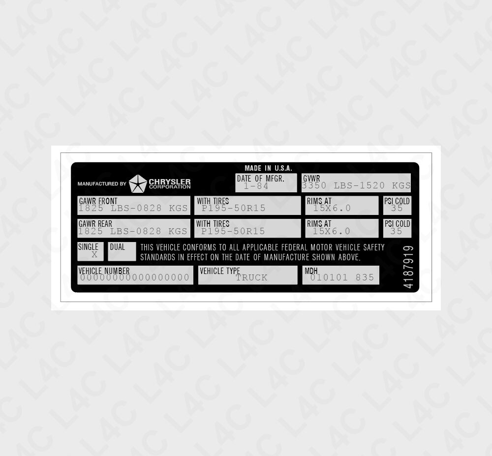 Custom VIN Sticker for Chrysler 1980+ 4187919 Replacement Replica Label
