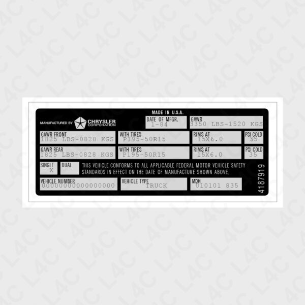 Custom VIN Sticker for Chrysler 1980+ 4187919 Replacement Replica Label