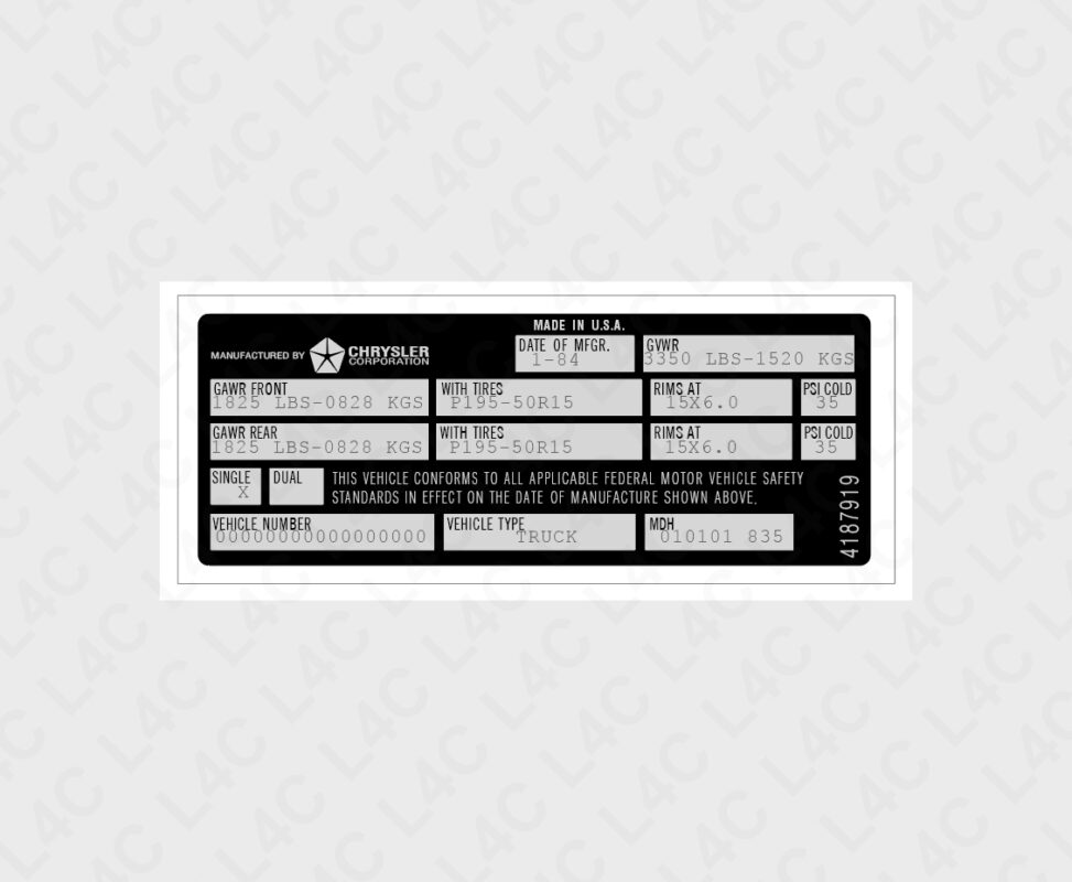 Custom VIN Sticker for Chrysler 1980+ 4187919 Replacement Replica Label