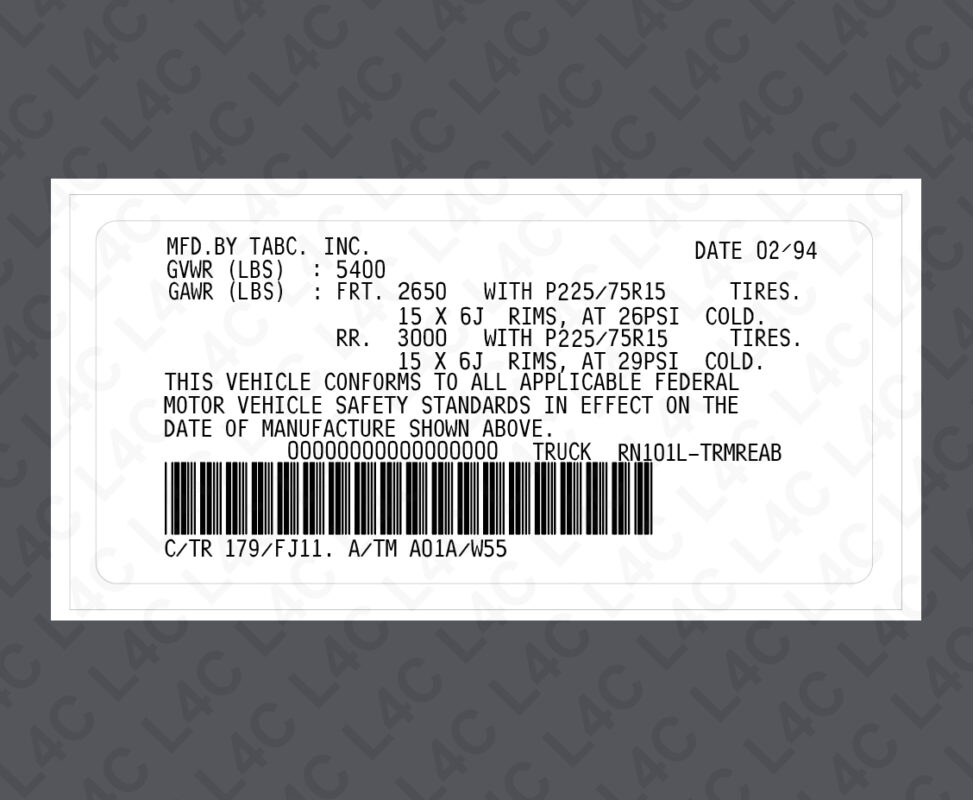 TOYOTA VIN Sticker Replacement Replica Label 1990+